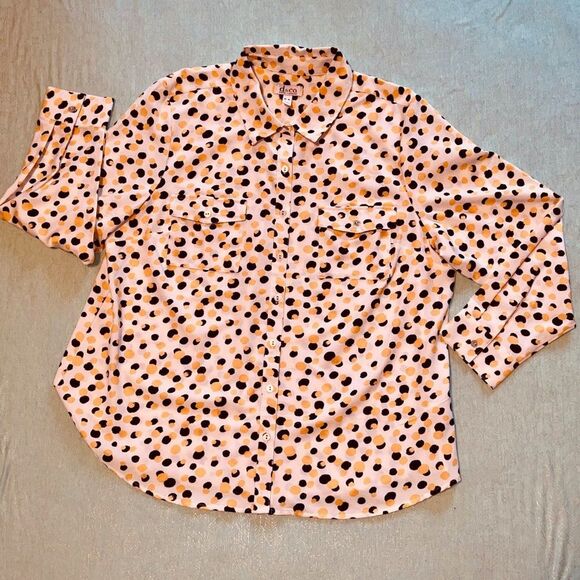 Denim & Co. Stretch Crepe Printed Dot Point Collar Shirt Navy/Yellow XL - Picture 6 of 14